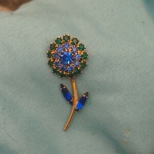 Blue and Green Crystal Flower Brooch - Women's Jewelry